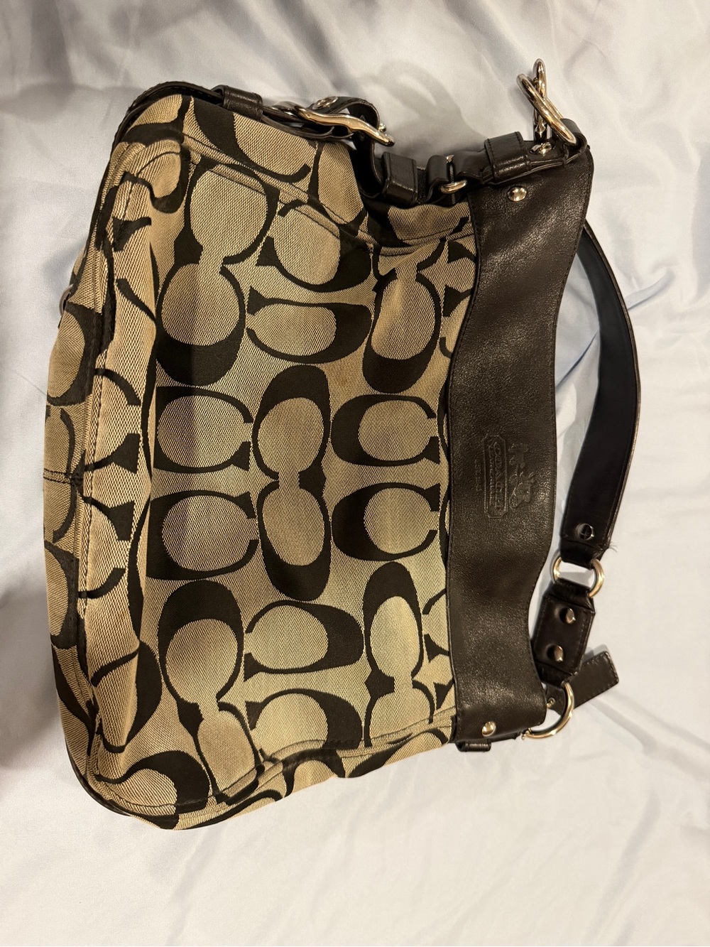 Coach Khaki and Black Signature Hobo Shoulder Bag